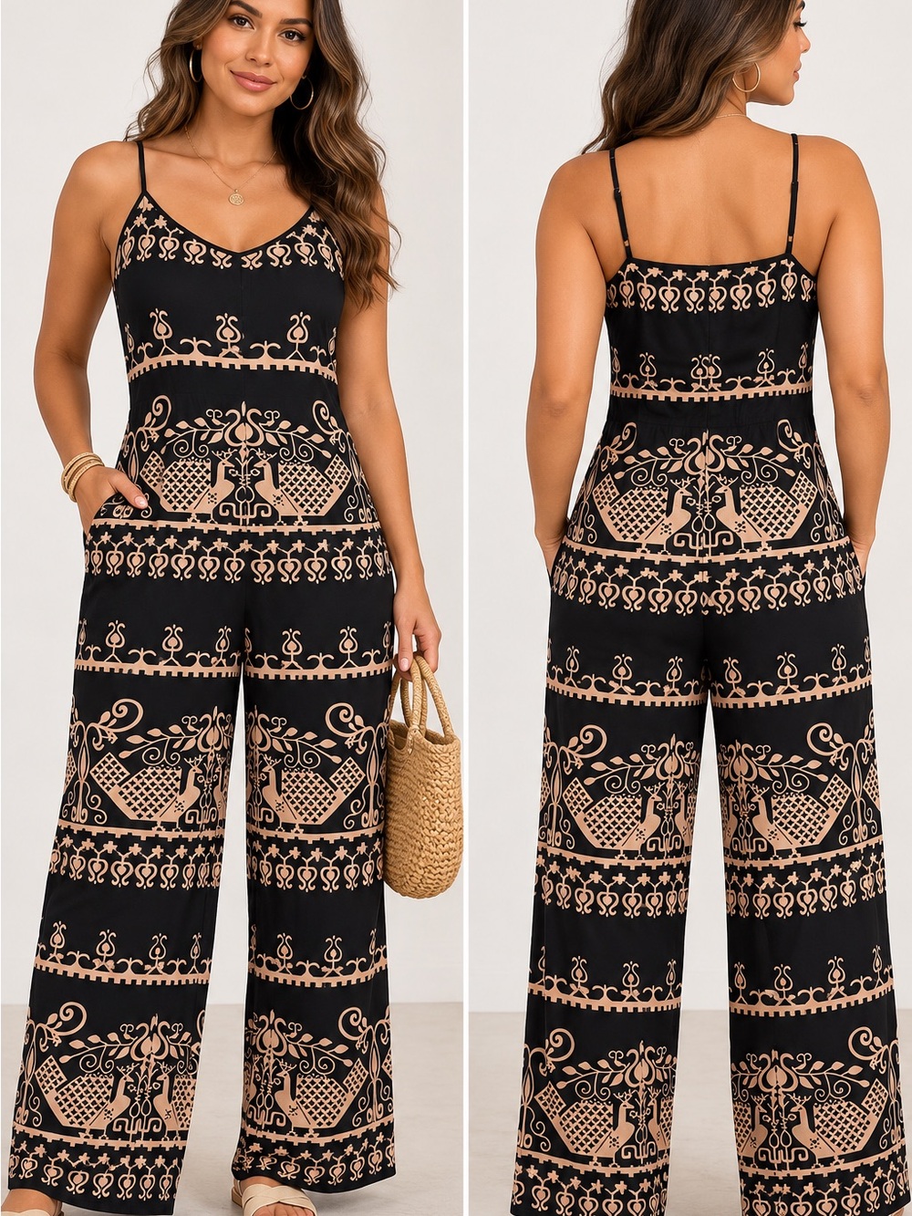 Women’s Tribal Print Jumpsuit Size M Black Tan Spaghetti Strap Wide Leg Boho